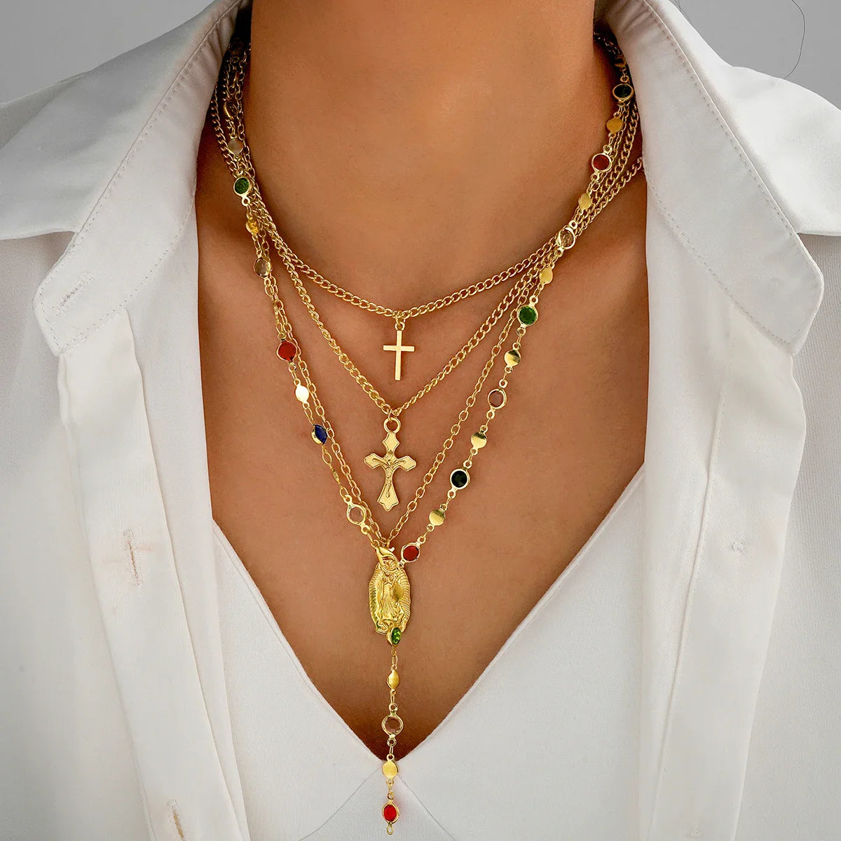 4Pcs/Set Cross Colorful Crystal Necklaces For Women Simple Gold Silver Color Y-Shaped Pendant Necklace Set New Christian Jewelry Vera Lux