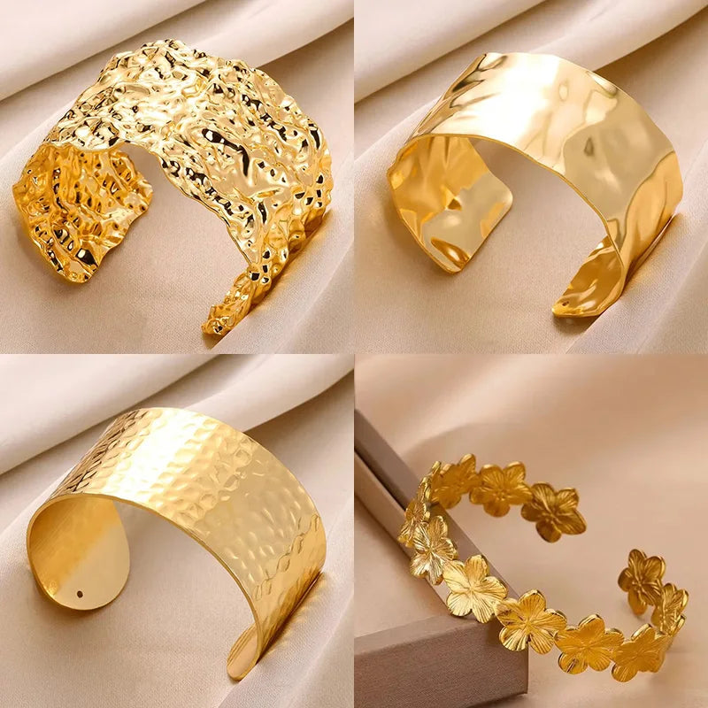 Classic Wrinkle Texture Openning Bangle Bracelet For Women Exquisite Cuff Bracelet Gold Color Stainless Steel Hand Ornament Gift Vera Lux
