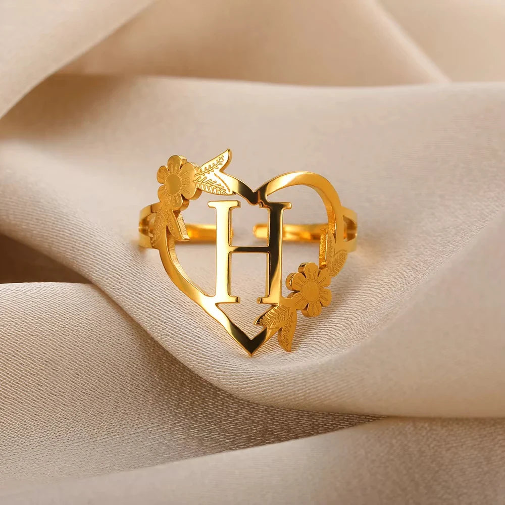 Stainless Steel Initials Letter Heart Rings for Women Girls Gold Color Flower Alphabet Ring Fashion Valentine's Day Jewelry Gift Vera Lux