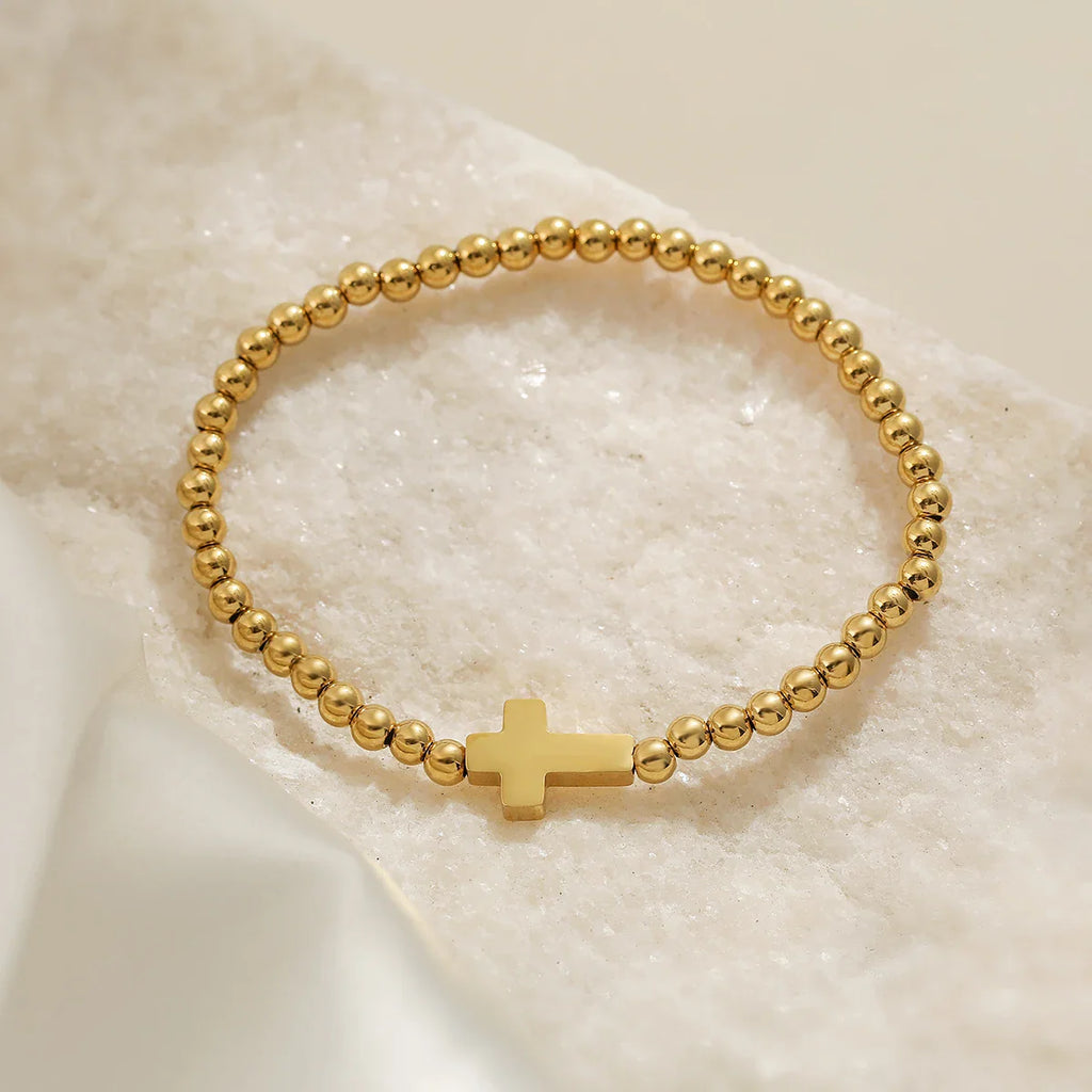 NEWBUY High Quality Non-Fading Stainless Steel Jewelry Silver/Gold Color Beads Cross Charm Bracelets For Women Men Vera Lux