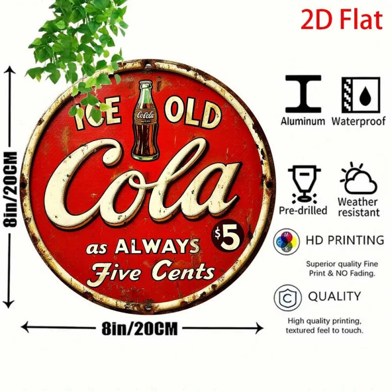 2D FLAT Vintage Cola Metal Sign - 8x8 Inch Round Aluminum Wall Art, Retro Ice-Cola Design, Rustic Decor for Home, Kitchen, Bar Perfecsy