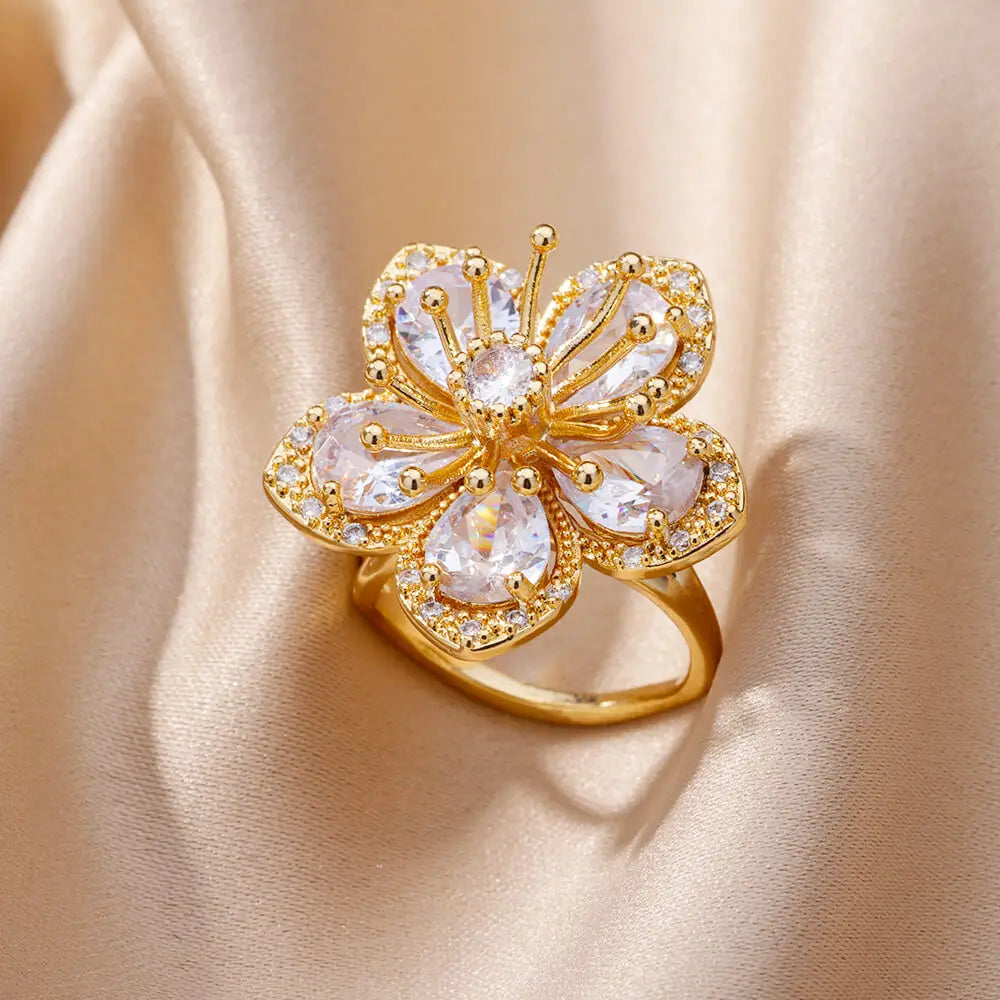 Pink Zircon Flower Rings for Women Gold Color Stainless Steel Ring 2025 Trend Elegant Floral Luxury Aesthetic Jewelry anillos Vera Lux