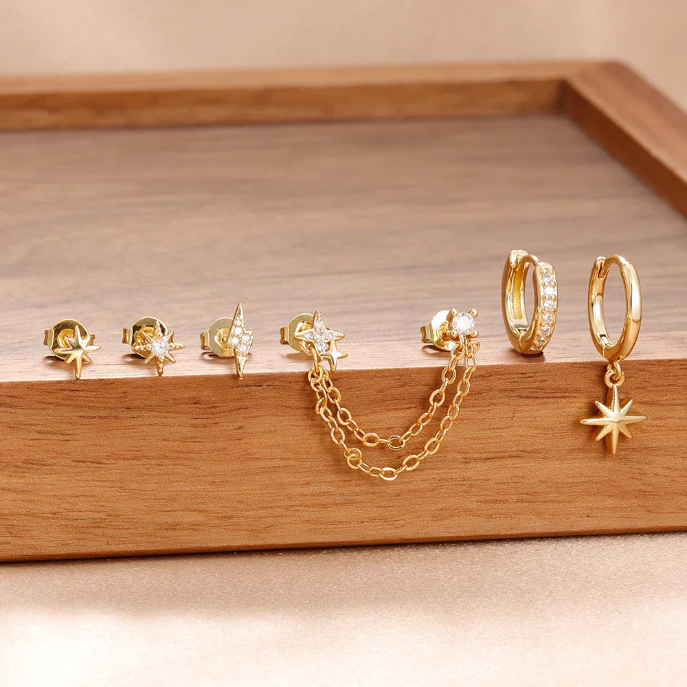 6PCS Fashion Cute Zircon Flower Ear Stud For Women Fashion 18K Gold Plated Star Ear Stud Earring Piercing Girl Set Jewelry Gift Vera Lux