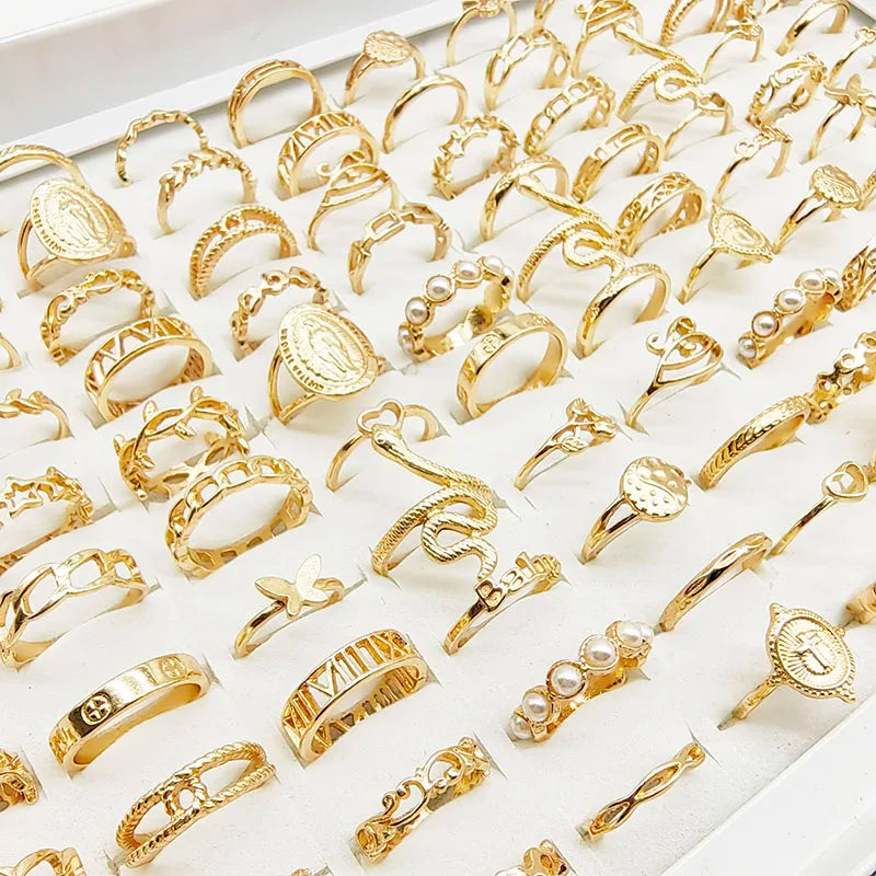 30pc/Lot Gold Color Finger Rings For Girls New Love Snake Animal Butterfly Cutout Star Pearl Thin Joint Ring Party Jewelry Women Vera Lux