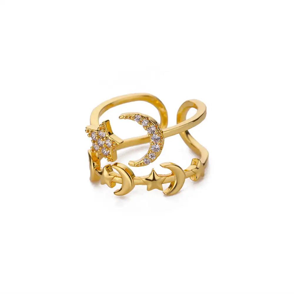 Zircon Star Moon Rings For Women Gold Color Adjustable Stainless Steel Moon Star Ring Wedding Aesthetic Party Jewelry Gift BFF Vera Lux