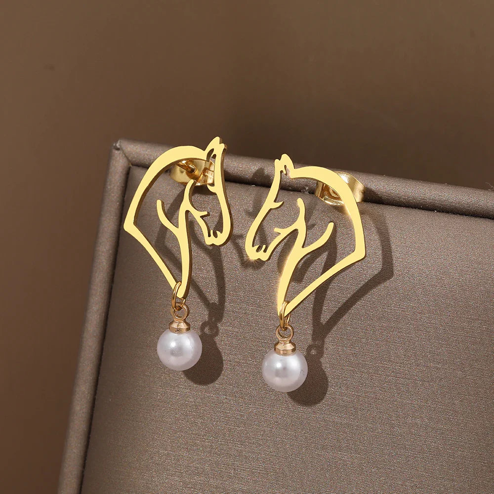 Stainless Steel Earrings 2022 Trend Exquisite Line Horse Design Pearl Charms Pendants Earrings For Women Jewelry Party Gifts NEW Vera Lux