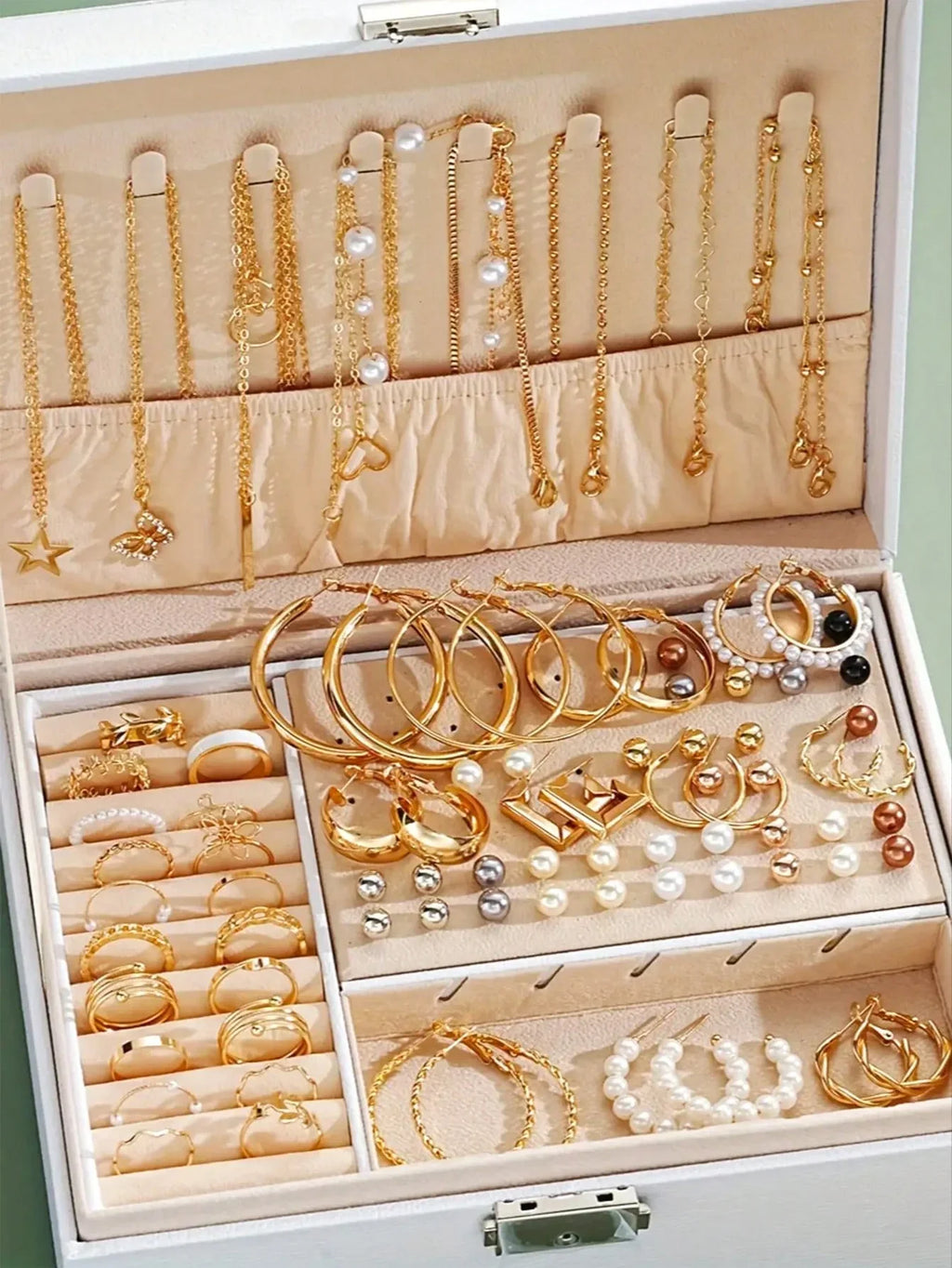 86pcs/Set Elegant Pearl Earrings Multi-Layered Necklace Ear Studs Rings 4-In-1 Jewelry Set For Women Daily Wear Gift (No Box) Vera Lux