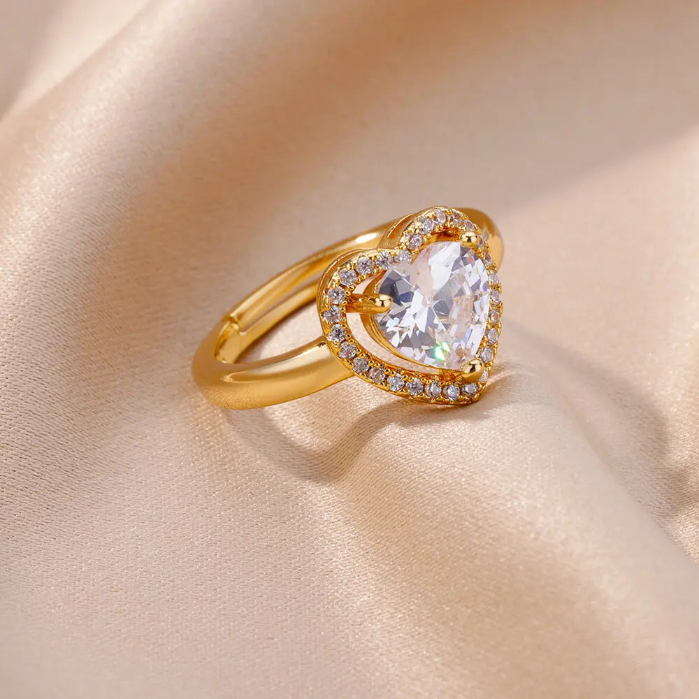 Stainless Steel Heart Rings For Women Zircon Gold Color Heart Adjustable Ring Femme Wedding Party Accessories Jewelry Gift 2024 Vera Lux
