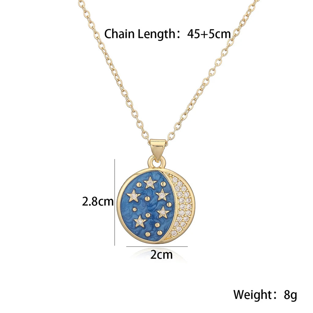 NEWBUY Delicate Blue Oil Dripping Star Moon Sun Round Pendant Necklaces For Elegant Women Bitrhday Gift Vera Lux