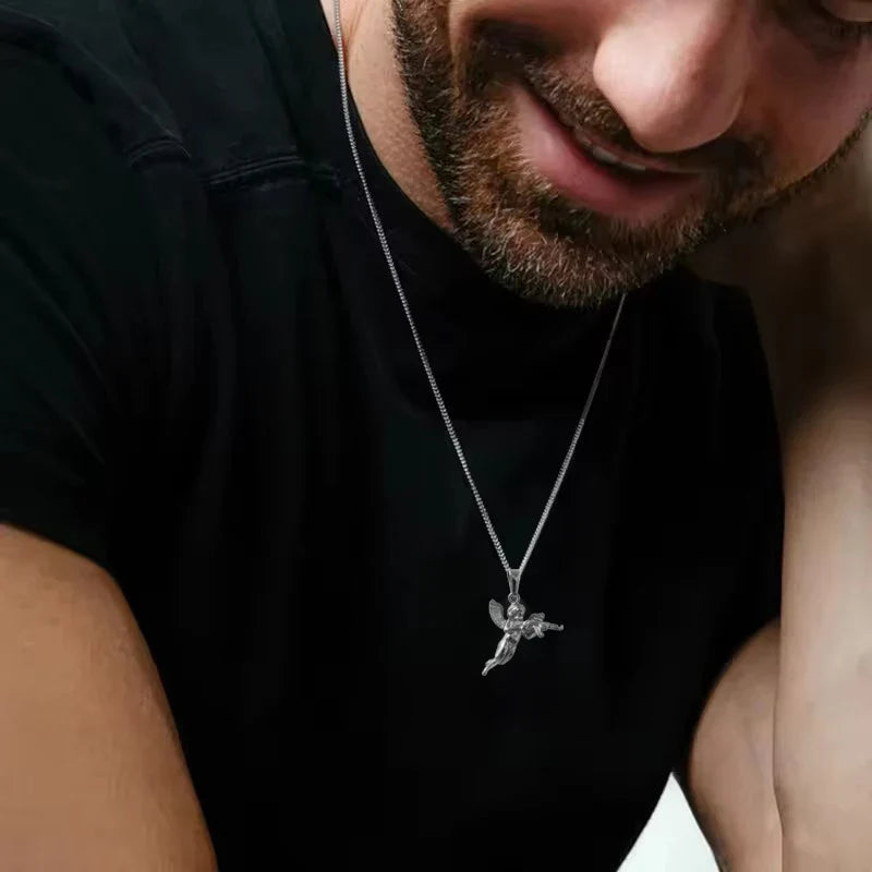 3D Angel with Gun Pendant Necklace for Men - 18K Gold Plated & 316L Steel Rope Chain Hip Hop Gothic Jewelry Gift Cupid's Reveng Vera Lux