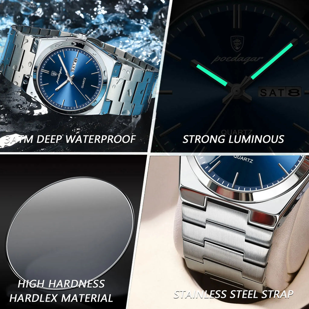 POEDAGAR Luxury Watch For Man Waterproof Luminous Date Week Stainless Steel Men Watch Casual Quartz Men's Watches Male Clock+box Vera Lux