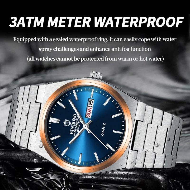 BINBOND Luxury Fashion Man Clock Top Business Waterproof Luminous Date Week Men's Watches Quartz Stainless Steel Men Wristwatch Vera Lux
