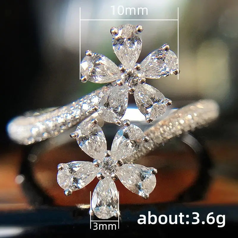 925 Sterling Silve Aesthetic Flower Adjustable Finger Ring Female Brilliant Zirconia Jewelry for Engagement Delicate Accessories Vera Lux