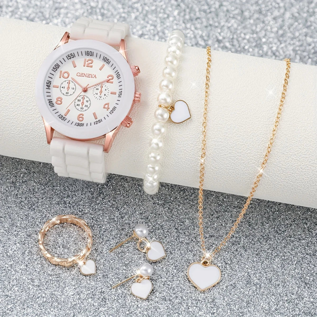 3/6PCS Women's Watches Casual Silicone Band Analog Quartz Watch Heart Pearls Jewelry Set(Without Box) Vera Lux