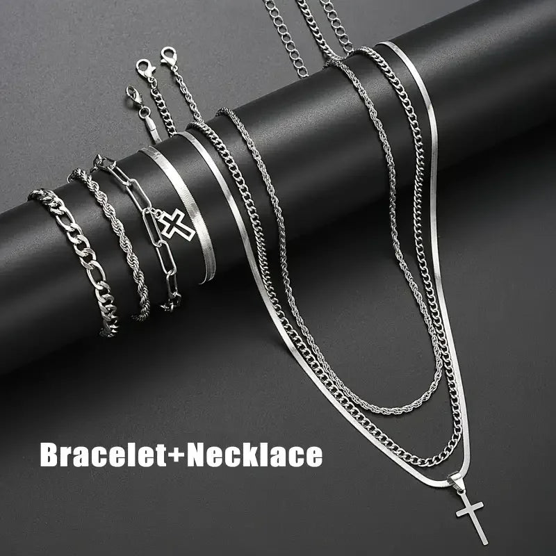 7-Piece Elegant Stainless Steel Minimalist Cross Pendant Jewelry Set for Men Chain Necklace Bracelet Jewelry for Everyday Wear Vera Lux