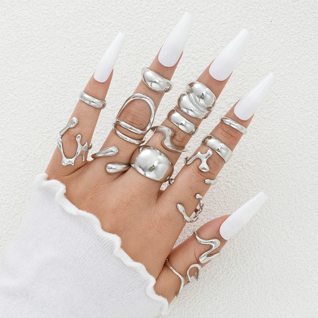 15Pcs Punk Smooth Geometric Open Rings Set For Women Exaggerated Irregular Silver Color Thick Chunky Ring Hip Hop Jewelry Gifts Vera Lux
