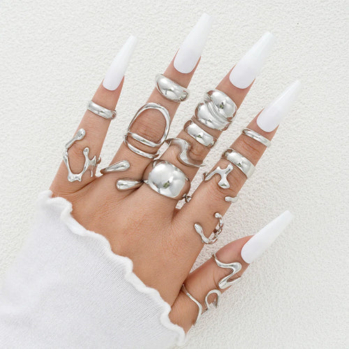 15Pcs Punk Smooth Geometric Open Rings Set For Women Exaggerated Irregular Silver Color Thick Chunky Ring Hip Hop Jewelry Gifts Vera Lux