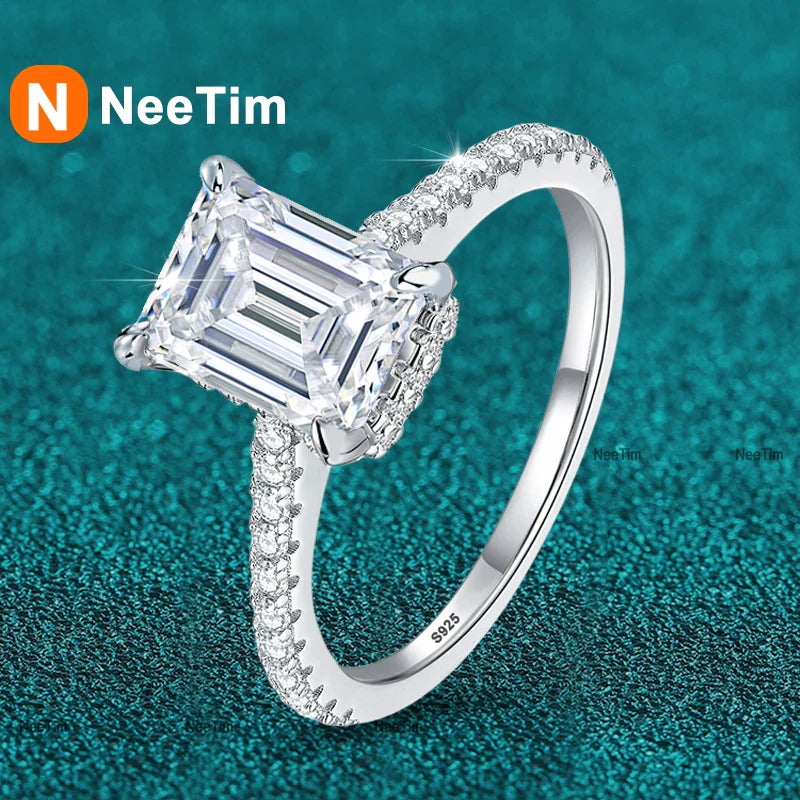 NeeTim 1ct 2ct 3ct Emerald Cut Moissanite Rings for Women 925 Sterling Silver Lab Diamond Wedding Engagement Ring Gemstone Band Vera Lux