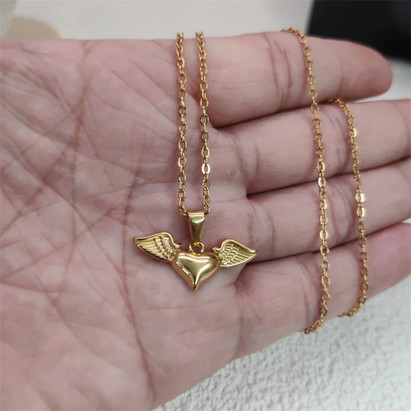 Angel's Wings Heart Rose Daisy 18k Gold Plated Stainless Steel Fashion Pendant Charm Necklaces For Women Vera Lux