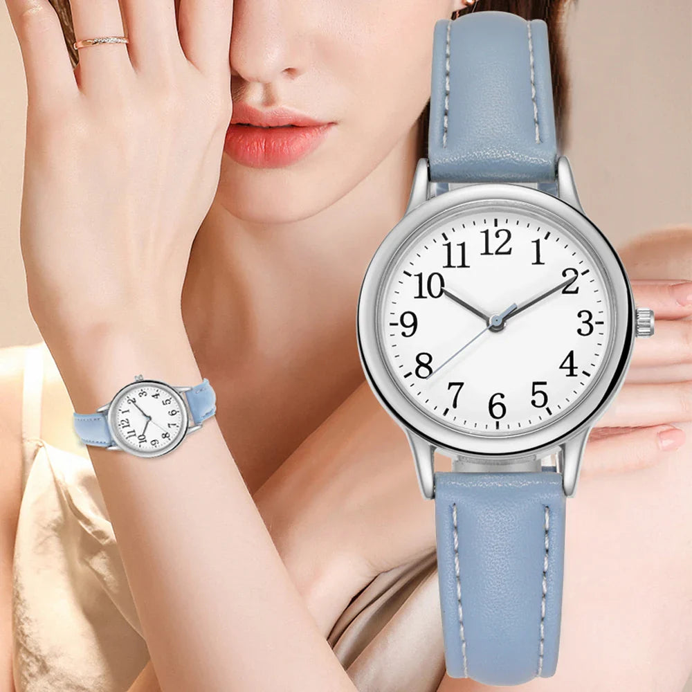 Leisure Fashion Women Quartz Watch Easy to Read Arabic Numerals Simple Dial PU Leather Strap Lady Candy Color Vera Lux