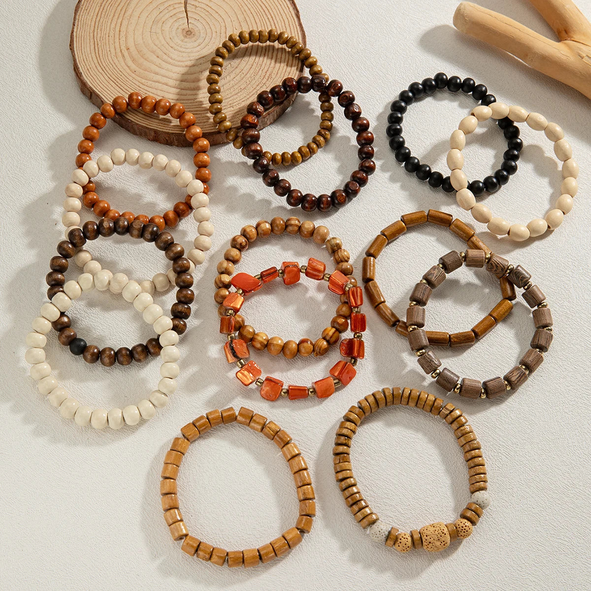 14 piece Bohemian style colorful wooden bead multi-layer layered neutral bracelet set suitable for gift giving Vera Lux