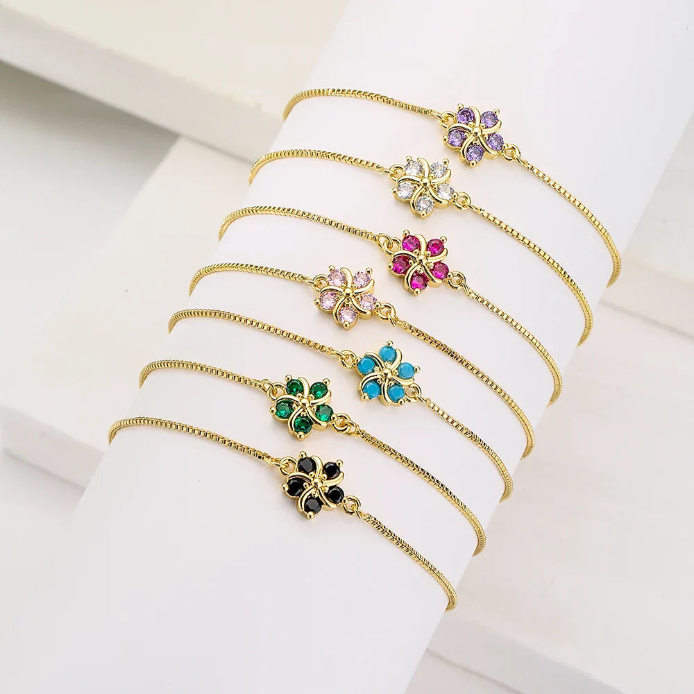NEWBUY Fashion Gold Color Colourful CZ Zircon Flower Charm Bracelets For Women Party Jewelry Accessories Vera Lux