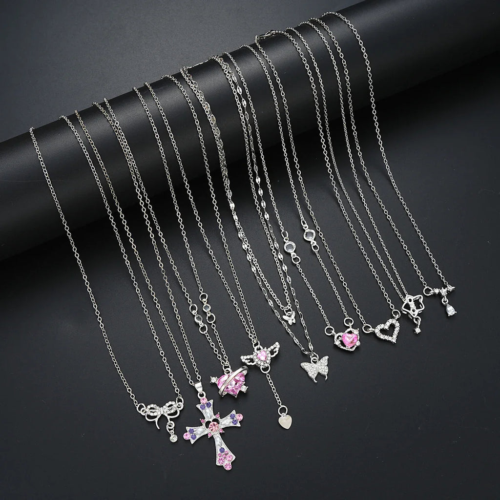 9 Pcs Women's Elegant Zircon Pendants Necklace Set Fashion Pink Color Cross Butterfly Heart Bowknot Necklaces Party Jewelry Gift Vera Lux