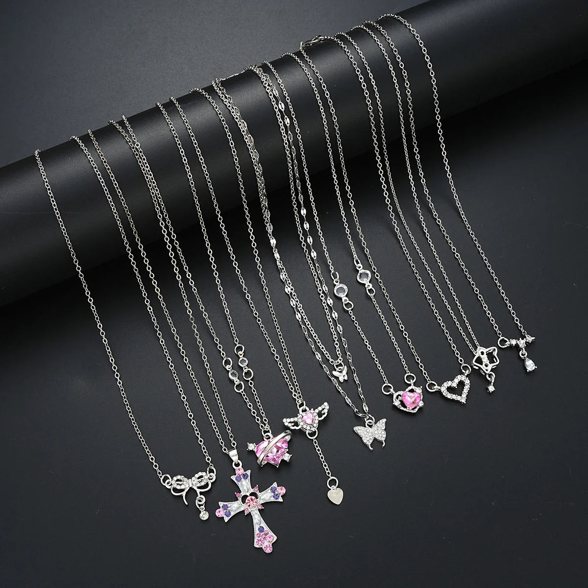9 Pcs Women's Elegant Zircon Pendants Necklace Set Fashion Pink Color Cross Butterfly Heart Bowknot Necklaces Party Jewelry Gift Vera Lux
