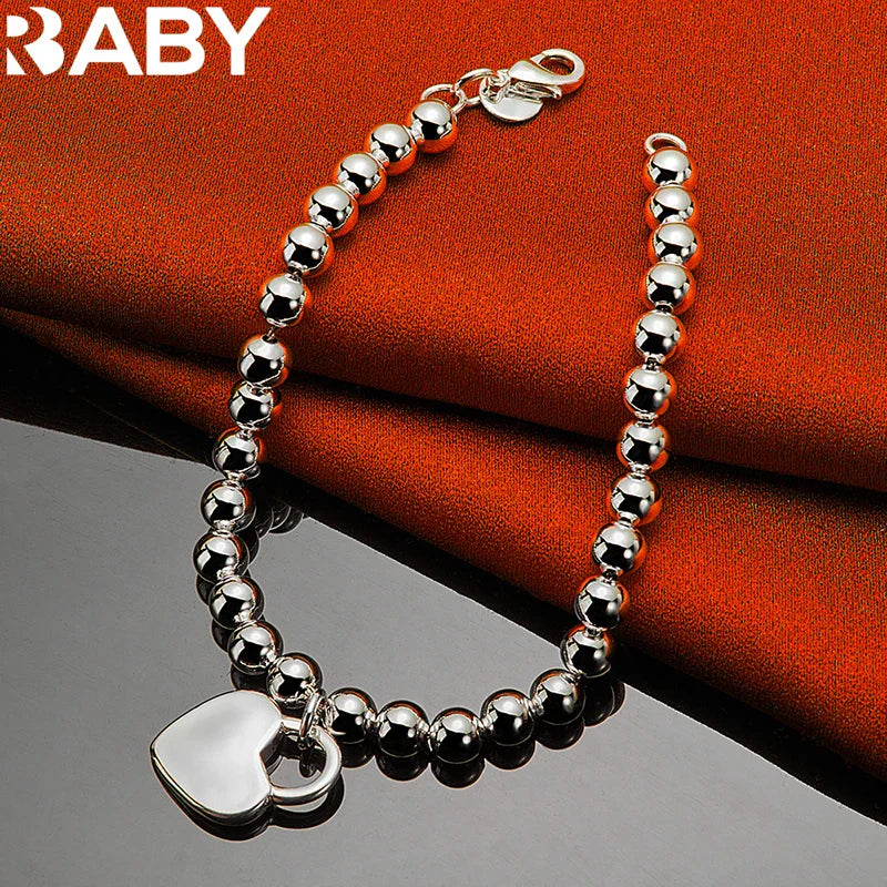 URBABY 925 Sterling Silver Smooth Beads Chain Heart Pendant Bracelet For Woman Wedding Party Fashion Jewelry Gift Vera Lux