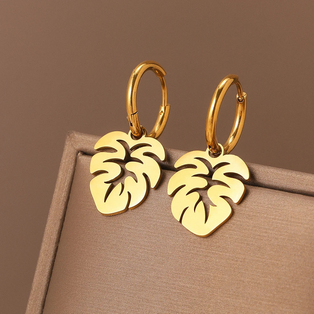 Stainless Steel Earrings Bohemian Tropical Plant Leaves Pendants Retro Glossy Aesthetic Hoop Earrings For Women Jewelry Girl New Vera Lux