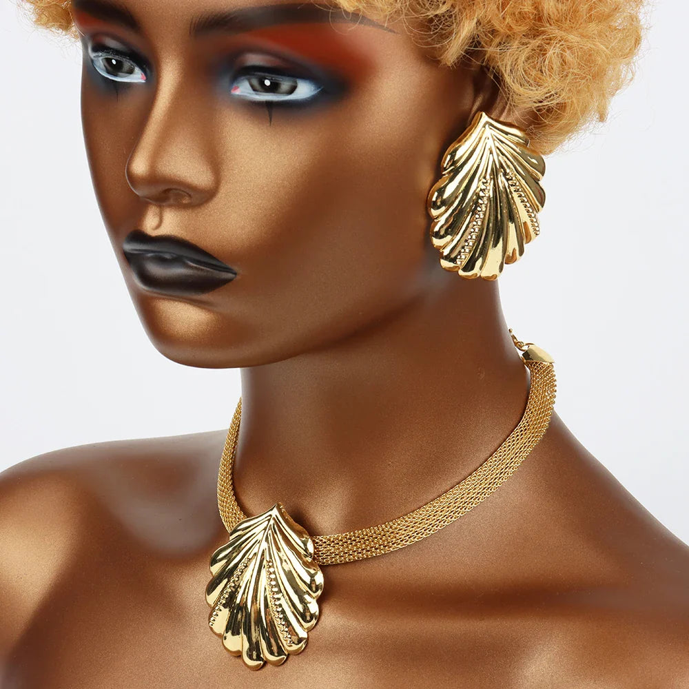 Dubai Gold Plated Jewelry Set for Women Shell pattern Earrings and Necklace Set Fashion Wedding Bride Bracelet Ring Jewelry Vera Lux
