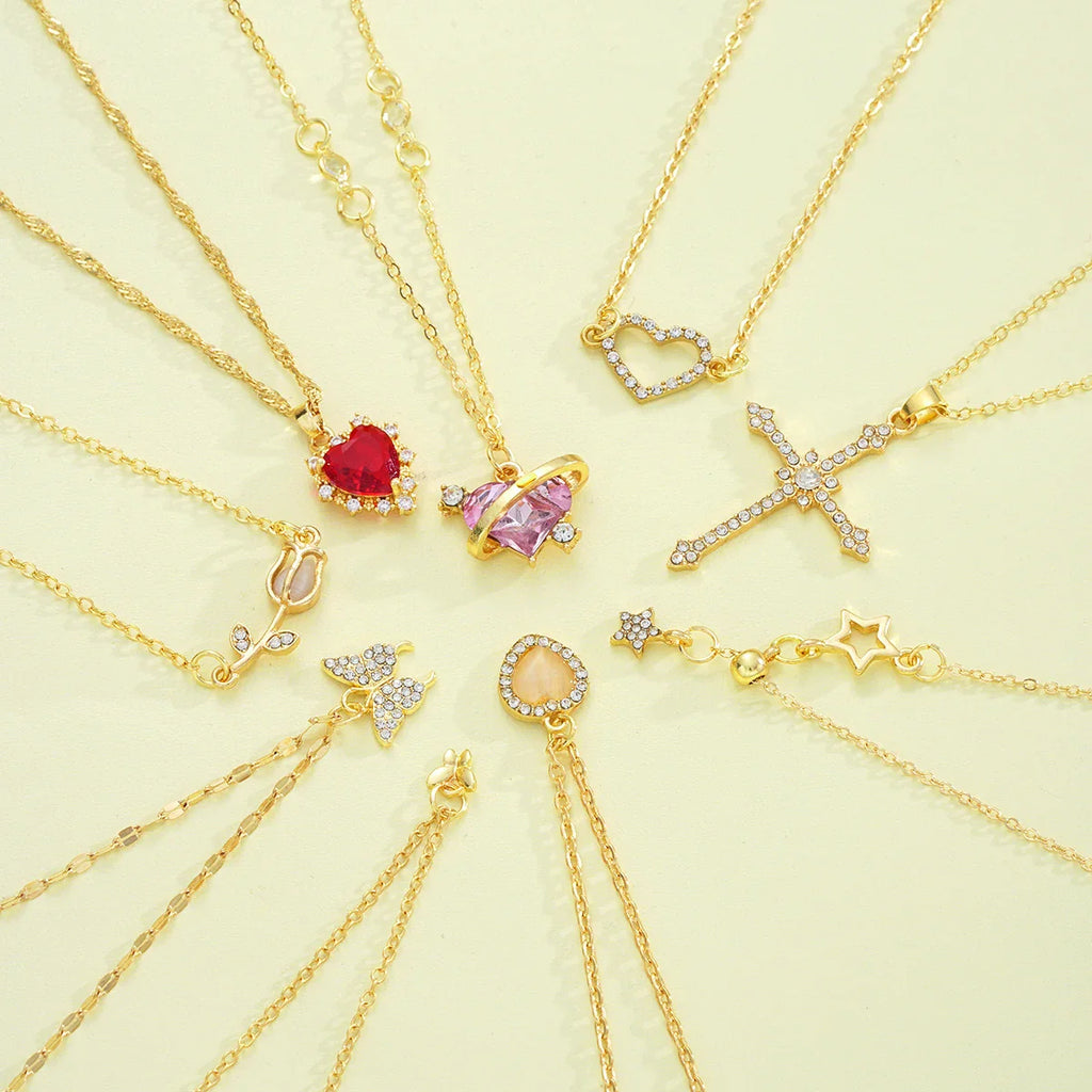 8 Pcs Simple Temperament Necklace Set For Women Elegant Gold Color Crystal Butterfly Cross Rose Heart Star Pendant Necklaces Vera Lux