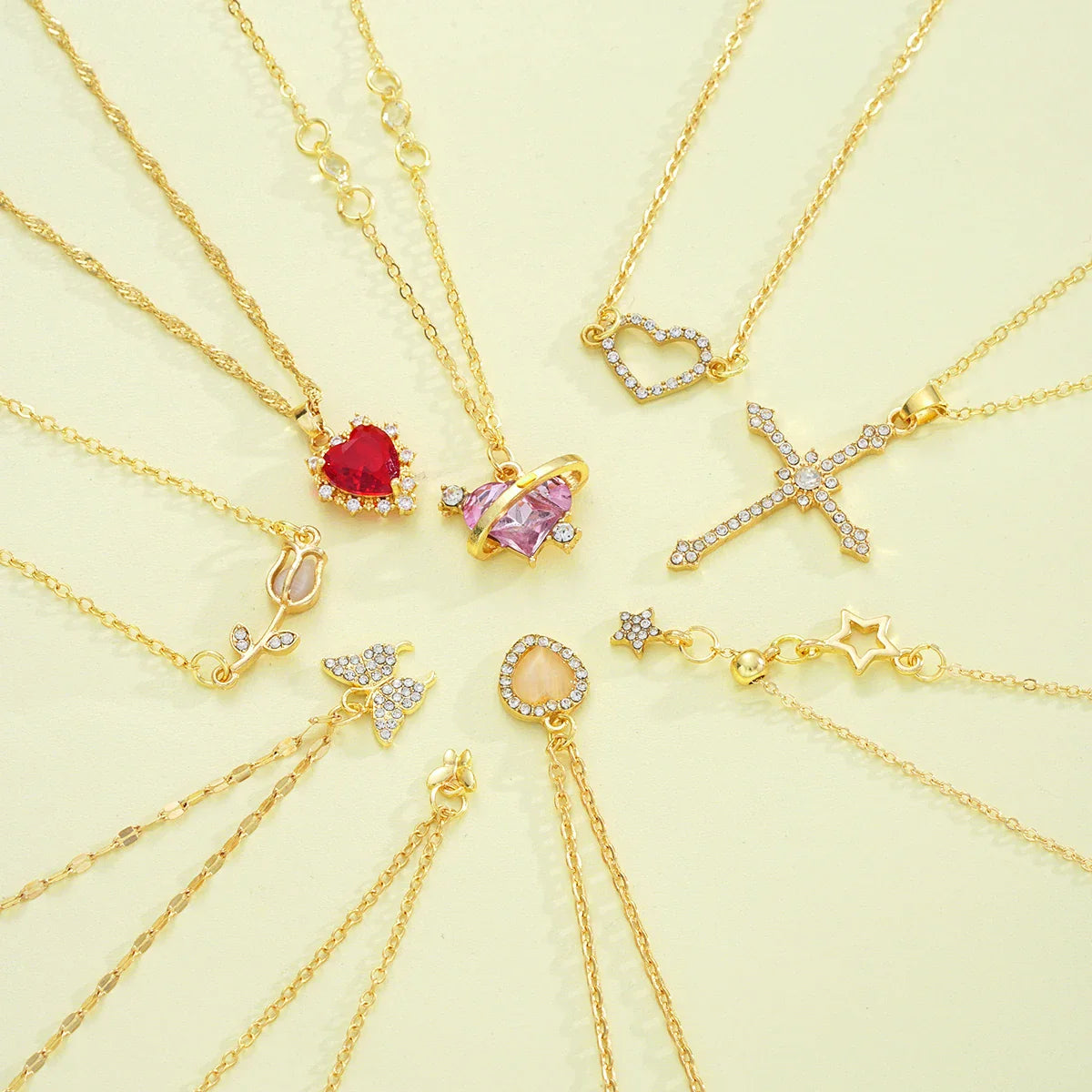 8 Pcs Simple Temperament Necklace Set For Women Elegant Gold Color Crystal Butterfly Cross Rose Heart Star Pendant Necklaces Vera Lux