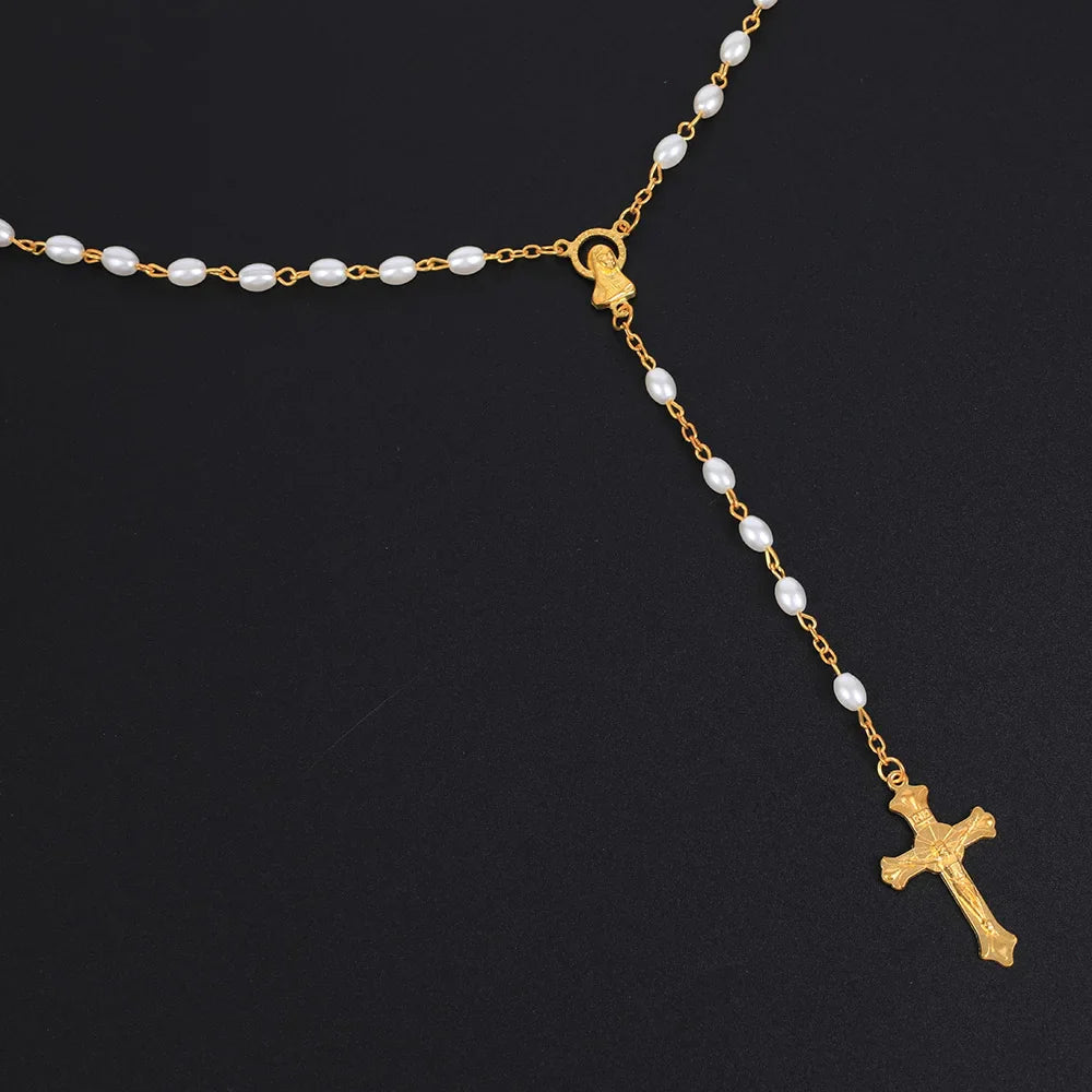 White Oval Pearl Rosary Necklace For Women Catholic Religious Crucifix Cross Pendant Gold Silver Color Chain Men Prayer Jewelry Vera Lux