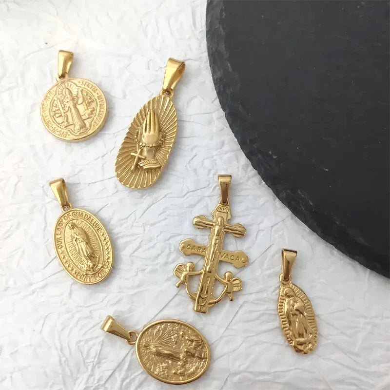 Virgin Mary Saint Michael Cross Prayer Pendant Necklace Gold Stainless Steel Religious Pendants Catholic Women/Men Jewelry Vera Lux