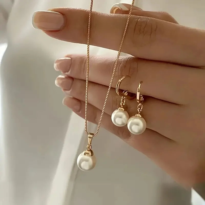 Fashion Pearl Jewelry Set For Women Dangle Earrings Pendant Necklace Simple Dainty Daily Wear Outfit  Party Accessories Vera Lux