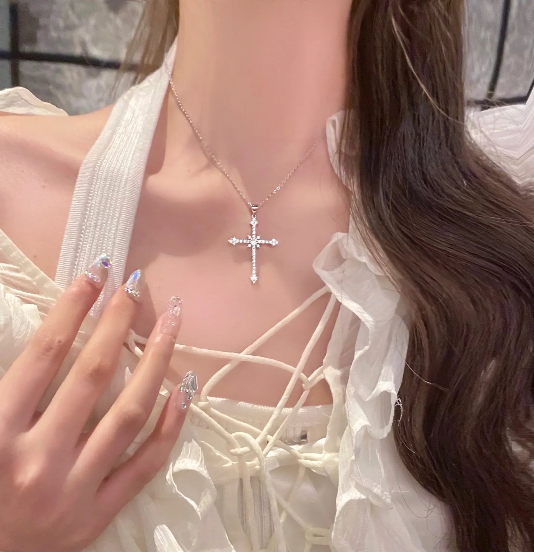 925 Sterling Silver Neck Chain Cross Zircon Necklaces Women Jewelry Exquisite Elegant Aesthetic Charms Accessories Argent 925 Vera Lux