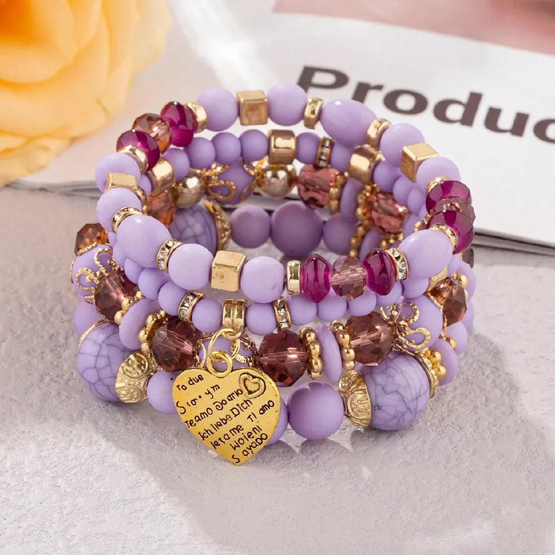4Pcs Boho Crystal Beads Chain Bracelet Set For Women Vintage Heart Charm Elastic Bangle Female Fashion Party Jewelry Vera Lux