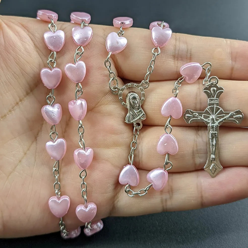 Christian Rosary Beads Necklace For Women Cross INRI Virgin Mary Pendant Pink Heart Chain Female Religion Prayer Party Jewelry Vera Lux