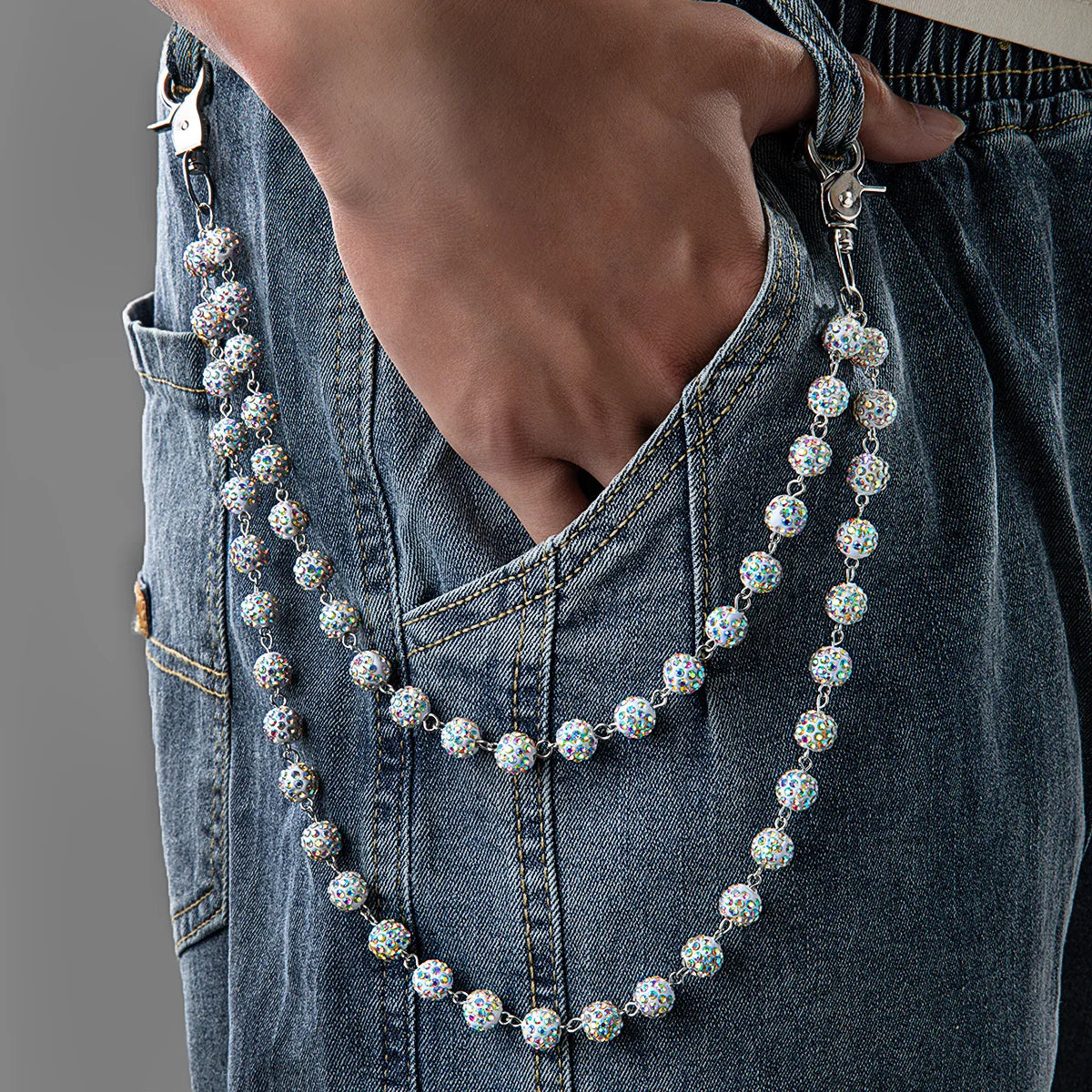 1 Hip Hop Trendy Colorful Zirconia Ball Double Layer Stacked Neutral Style Pants Chain Simple and Versatile Body Chain Vera Lux