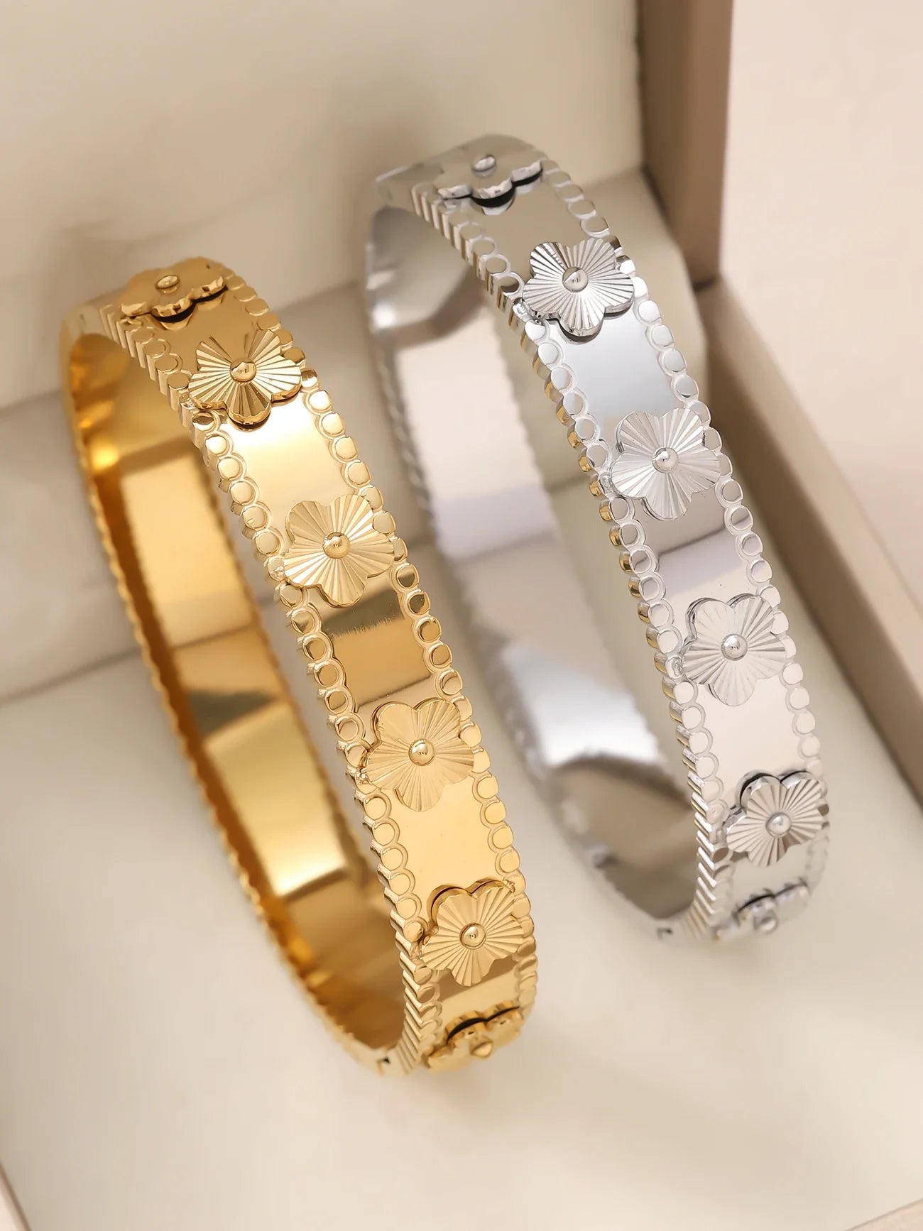 1pc 18K Gold Plated Stainless Steel Stackable Bracelet With Chain And Clover Design, Fashion Style For Women, Suitable For Casua Vera Lux