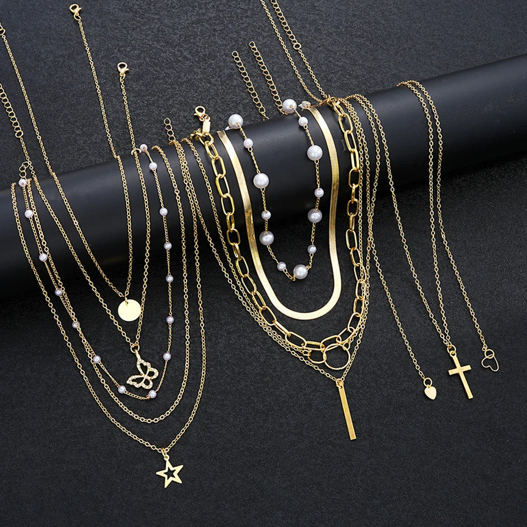 11 Pcs Simple Pearl Choker Necklaces Set for Women Fashion Layered Chain Star Cross Heart Pendant Charms Necklace Jewelry Gifts Vera Lux