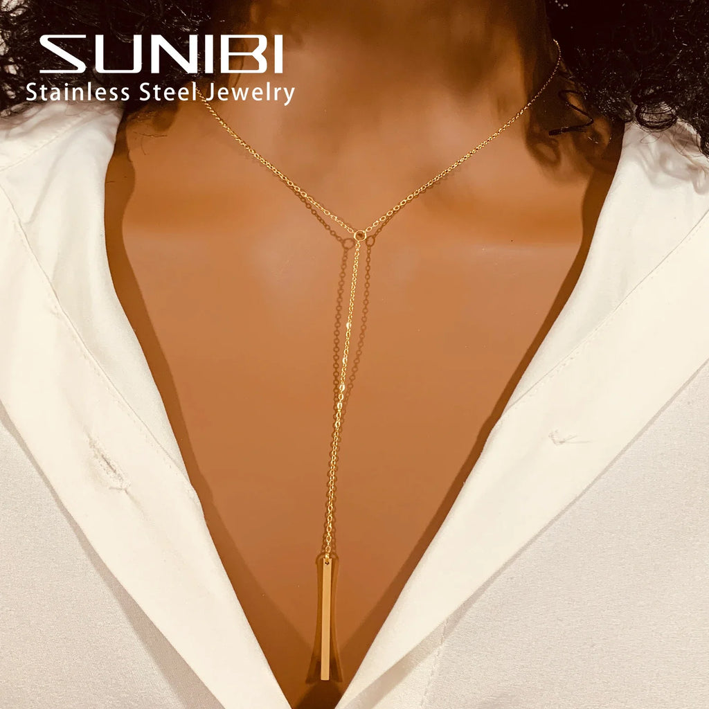 SUNIBI Vertical Bar Pendant Necklaces Stainless Steel Simple Long Lariat Chain Minimalist Dangle Necklace for Women Jewelry Gift Vera Lux