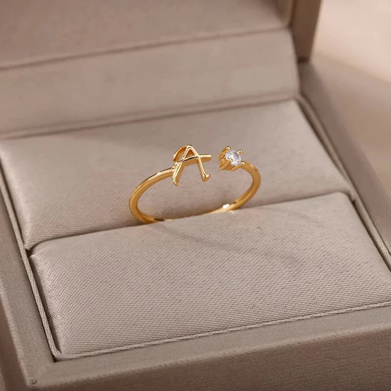 Zircon Initial Letter Ring for Women Stainless Steel Gold Color Alphabet Open Ring Trendy Wedding Birthday Aesthetic Jewelry Vera Lux