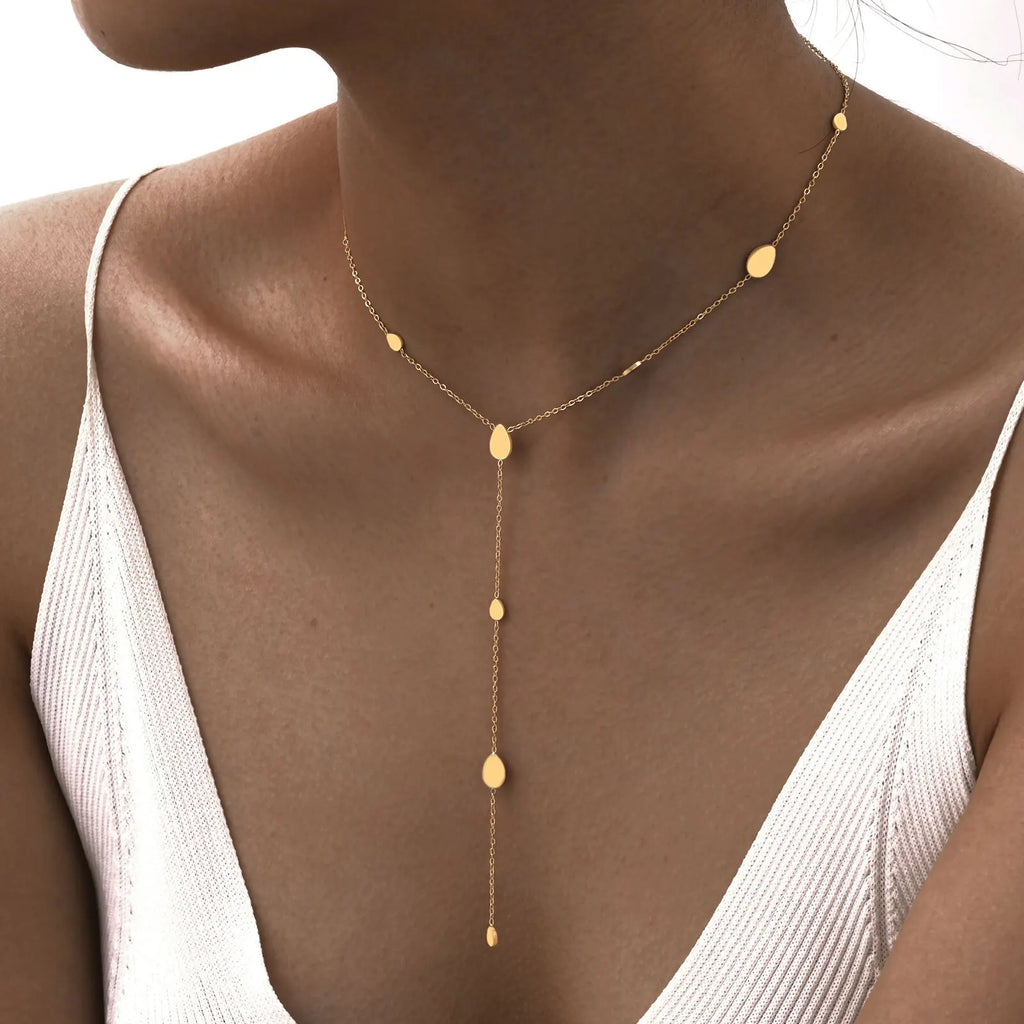 Heart Drop Lariat Chain Necklace For Women, Y Shape Long Chain Stainlss Steel 18K Gold Color  Layered Jewelry Vera Lux