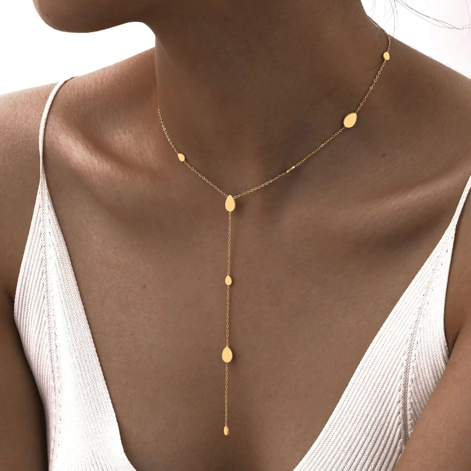 Heart Drop Lariat Chain Necklace For Women, Y Shape Long Chain Stainlss Steel 18K Gold Color  Layered Jewelry Vera Lux