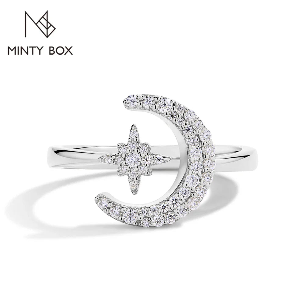 MINTYBOX 0.242CTW Star Moon S925 Sterling Silver Moissanite Rings For Women Lab Diamond Ring 18K Gold Plated Wedding Jewelr Gift Vera Lux