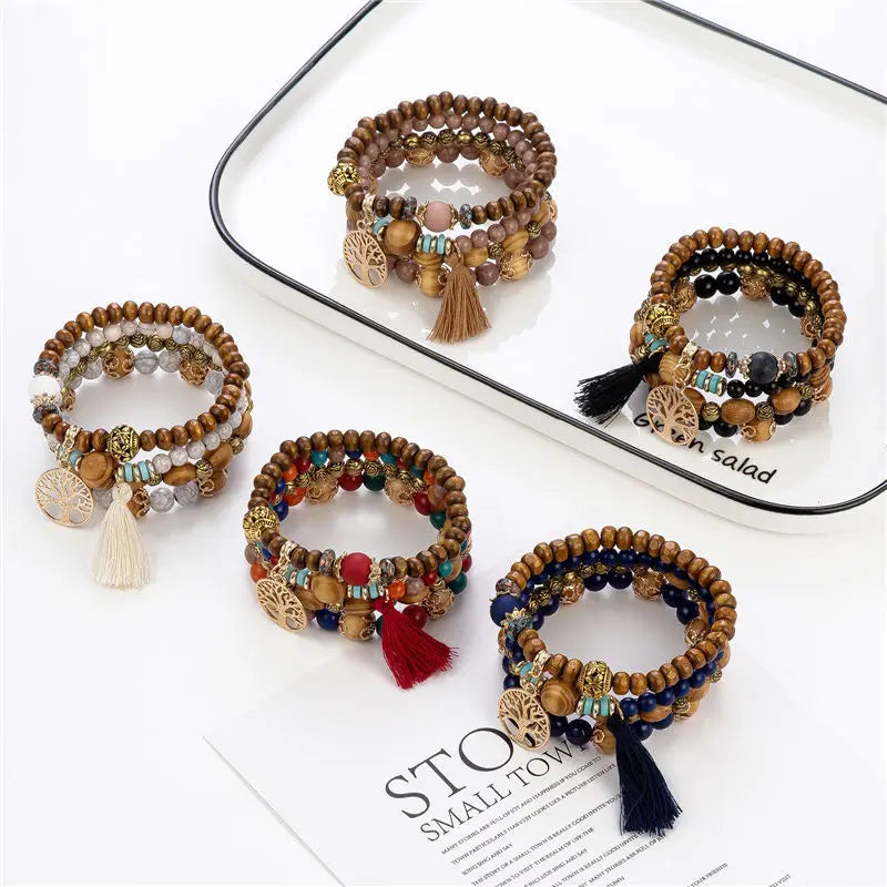 4Pcs Bohemia Tree Of Life Charm Beaded Bracelet Set For Women Handmade Wood Beads Chain Bangle Female Boho Jewelry Vera Lux