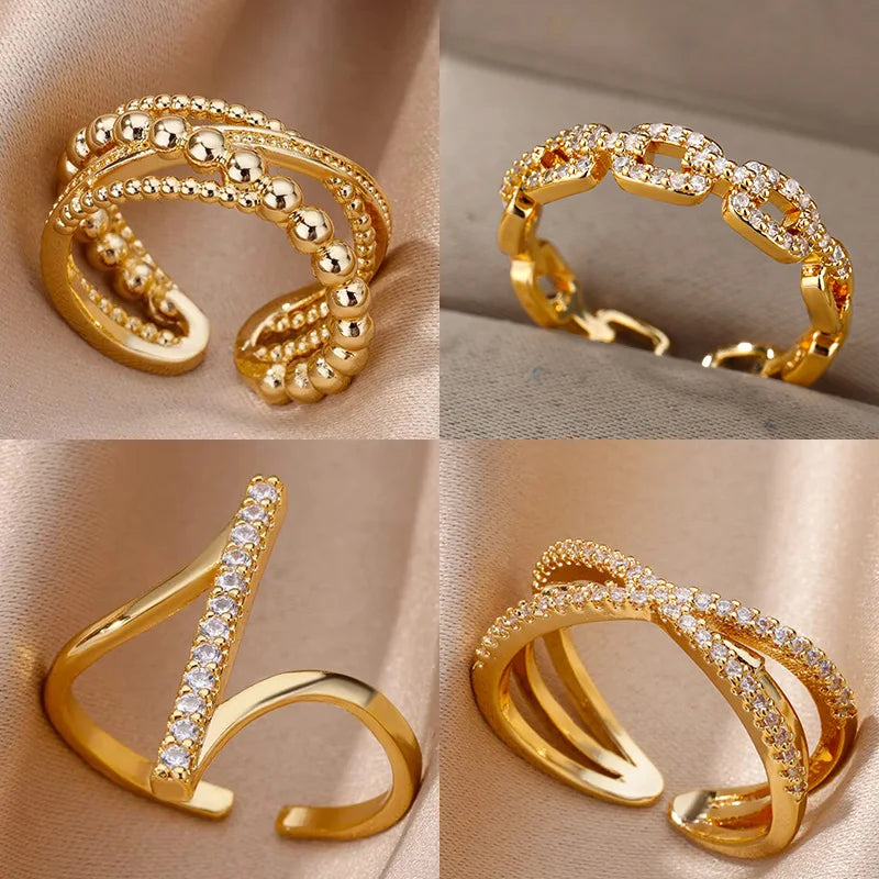 Zircon Geometric Rings For Women Gold Color Stainless Steel Opening Ring Luxury Wedding Party Aesthetic Jewerly Gift Femme 2024 Vera Lux