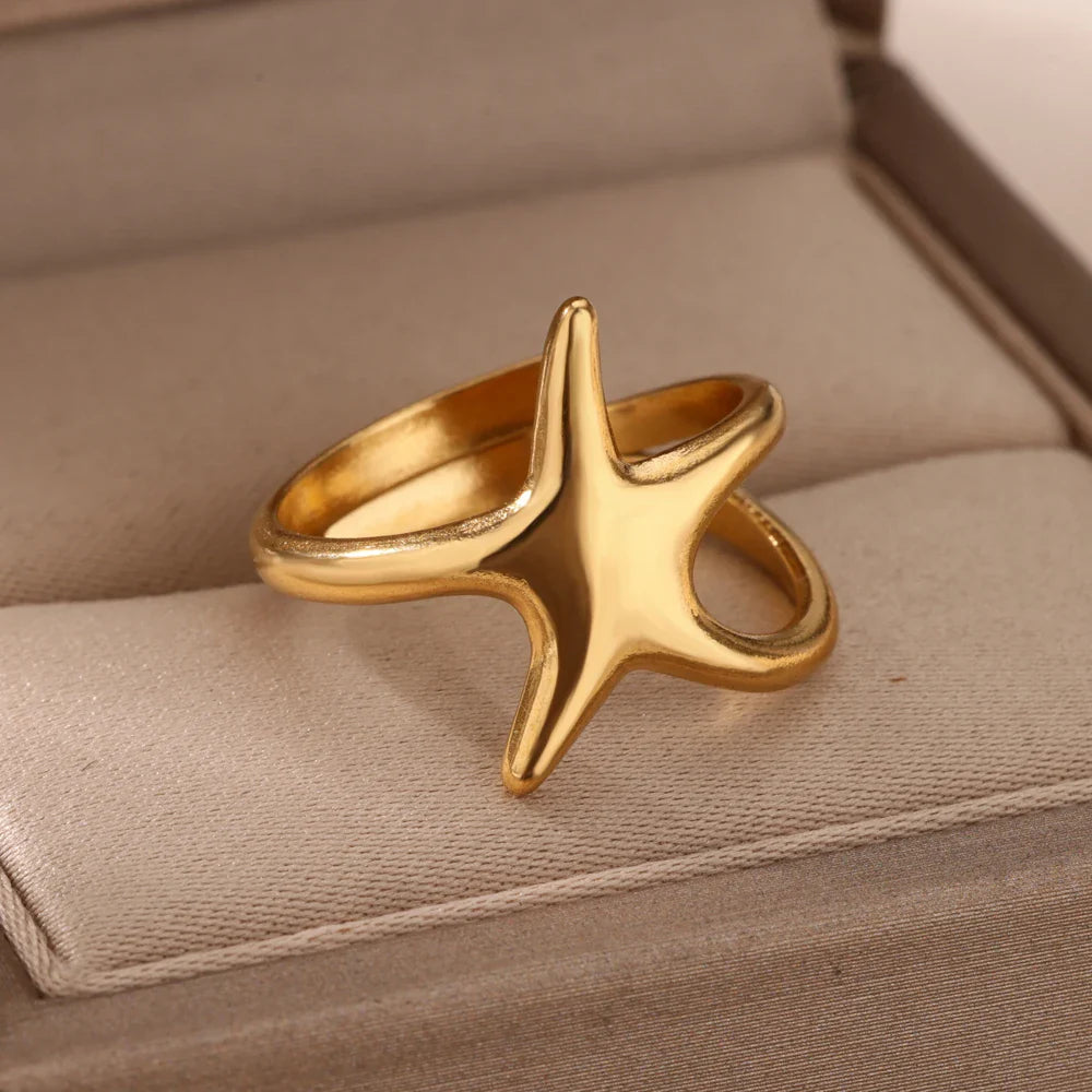 Starfish Shell Conch Stainless Steel Open Rings For Women Gold Color Adjustable Finger Ring Fashion Sea Vacation Jewelry Gifts Vera Lux